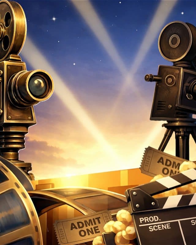 A blue sky backdrop with moving search lights across it is framed by loops of film stock, theatre tickets, popcorn and film camera all in golden tones.