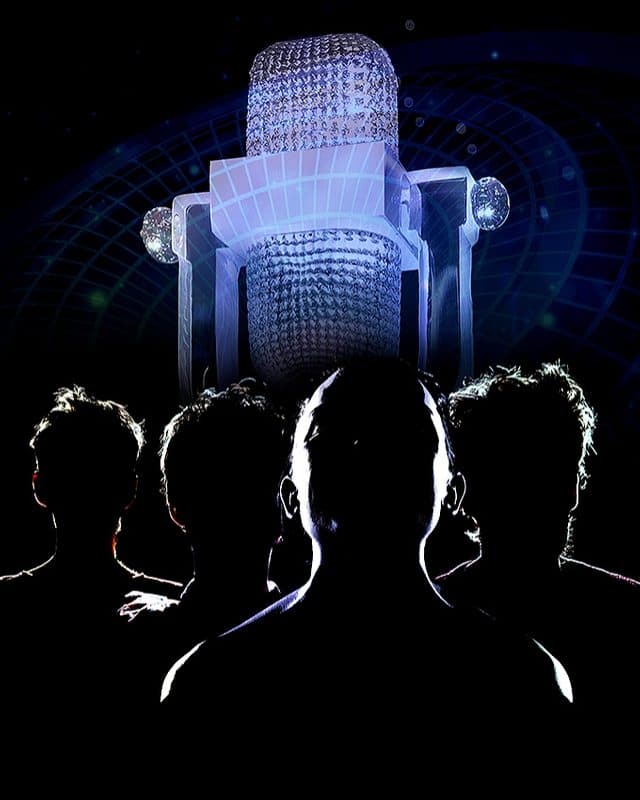 The silhouette of four people from the shoulders up, their faces are obscured and shadowy. Behind them is a translucent close up of a speaker with an old-school microphone layered in front, looking as if it was made from glass.