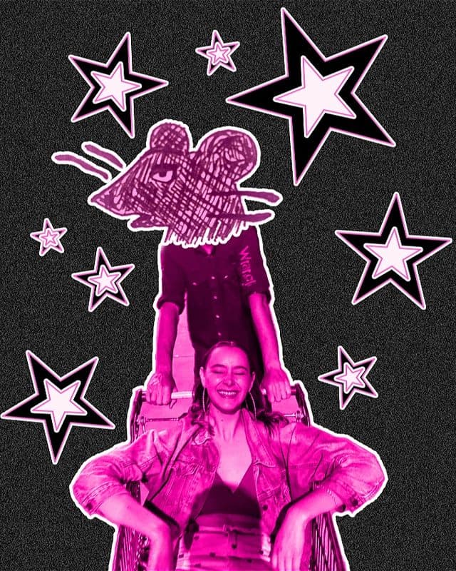 A woman who is smiling with her eye's shut is in a shopping trolly being pushed by a man with a drawing of a rat head for a face. The image has a pink wash with a white outline on a black background of pink and black stars.