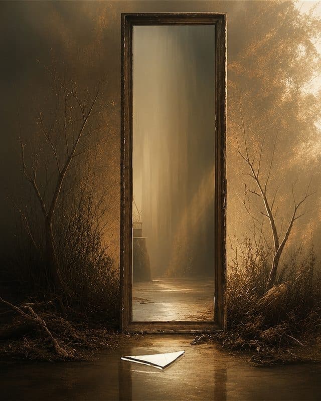 The central image is a whole and intact mirror, with the pathway way inwards highlighted. On the ground in front is a piece of broken mirror that does not have a place in the intact mirror. The mirror is set in nature with trees in background. The colour is warm tones of brown and orange and shades of light and dark.